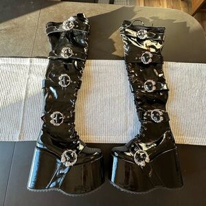 Ellie Patent Black Knee-High Platform Boots with Decorative Buckles